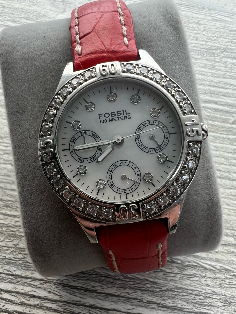 Fossil Women's Crystal Accent Watch - Red Leather Strap